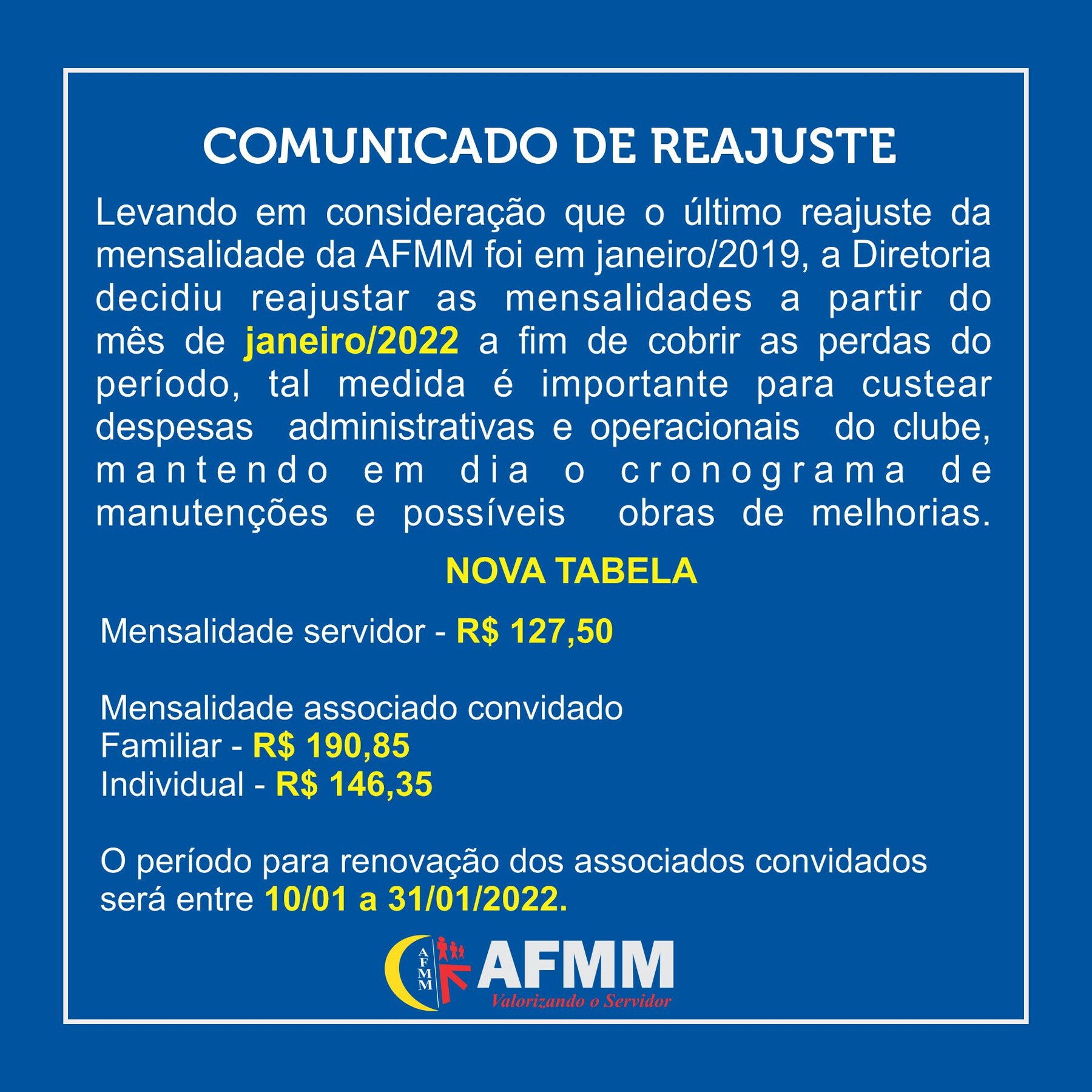 AFMM informa reajuste de mensalidade