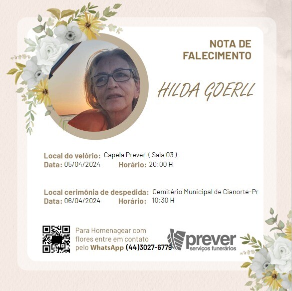 Nota de Falecimento: Hilda Goerll, ex esposa de Alexandre Mendes (Pipo), cunhada de Sandra Mendes e J�lio Cesar Dias (Lai)
