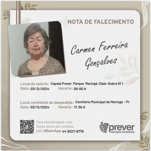 Nota de falecimento: Carmen Ferreira Gon�alves m�e da diretora Rosa Gon�alves